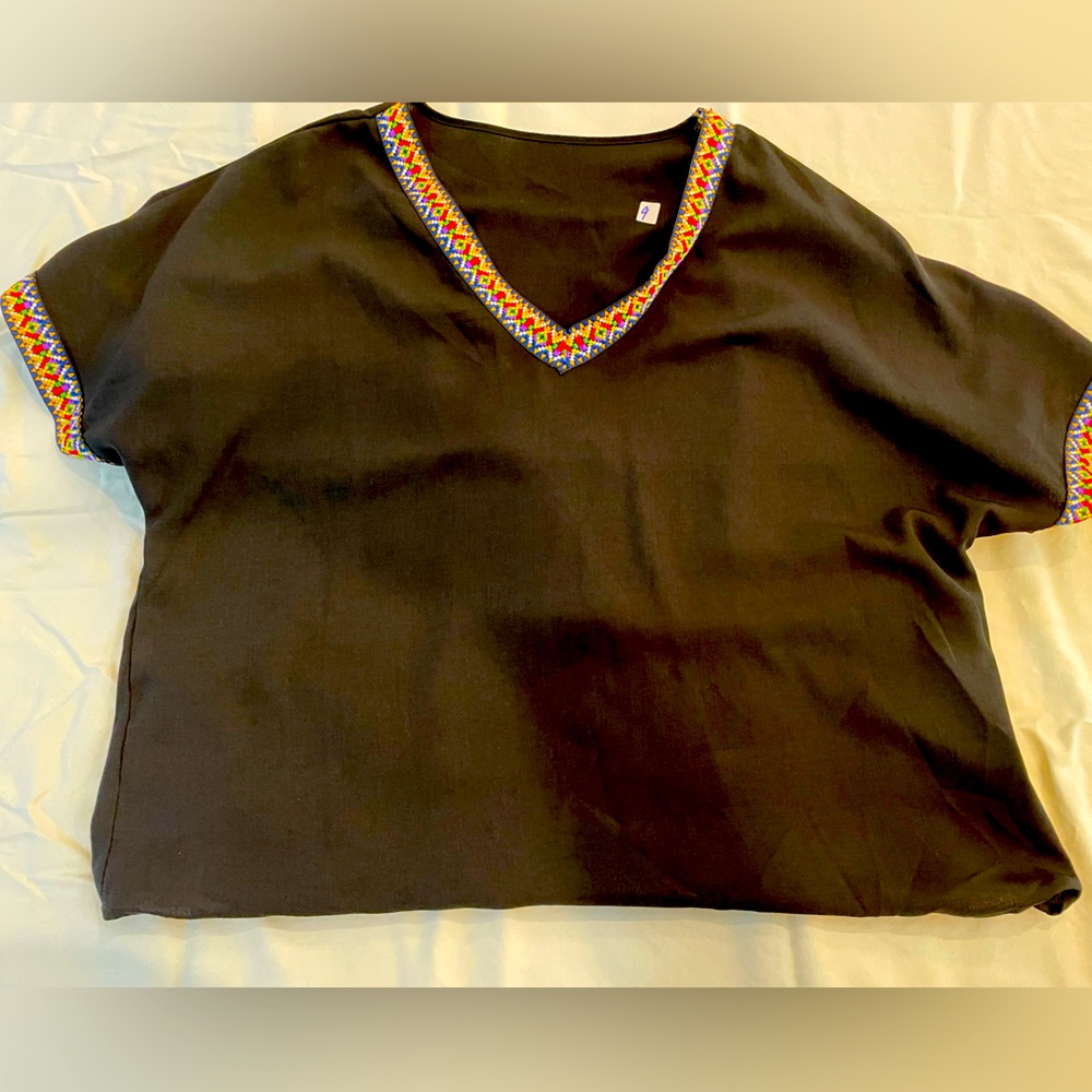 Black blouse with multi colored trim. XL